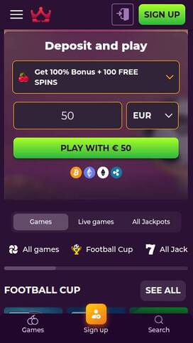 Homepage mobile screenshot of Wizebets Casino