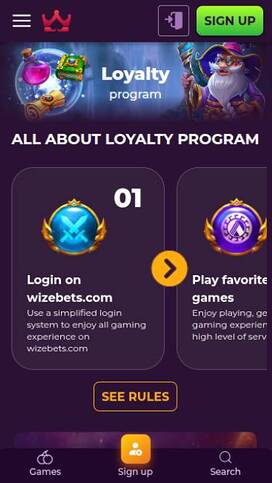 VIP mobile page screenshot of Wizebets Casino