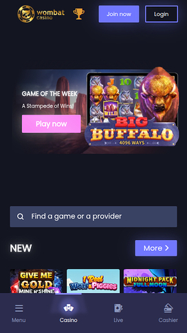 Wombat Casino Mobile Homepage