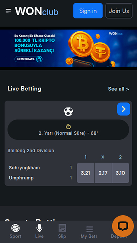 WONClub Casino Mobile Homepage