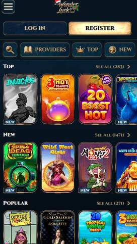 Games mobile page screenshot of WonderLuck Casino