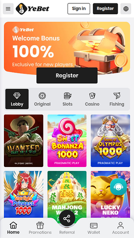 YeBet Casino Mobile Homepage