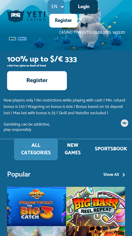 Yeti Casino mobila startsida