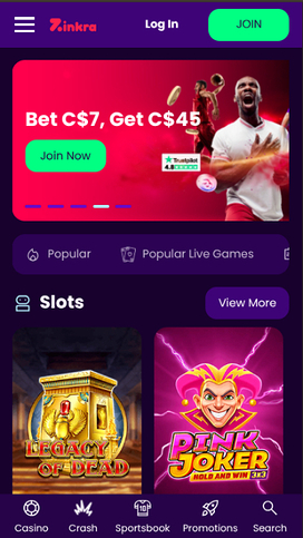 Zinkra Casino Mobile Homepage