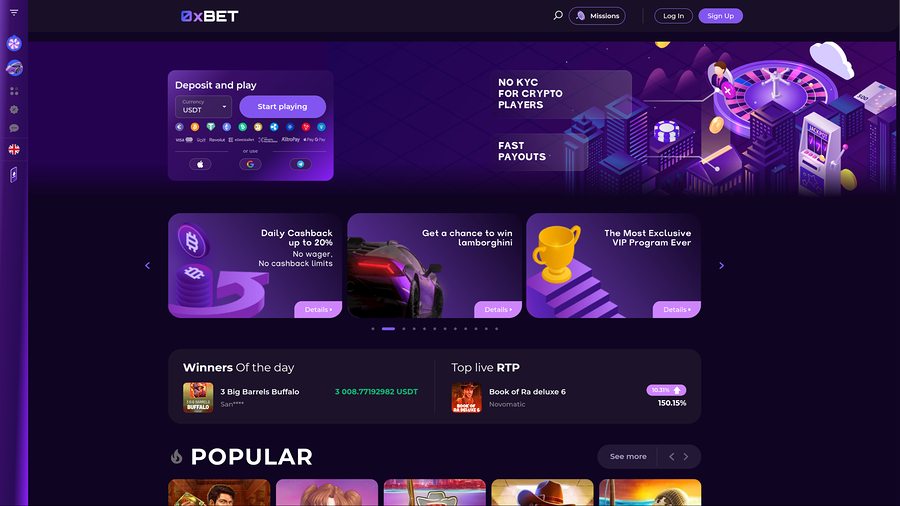 0XBet Casino Desktop Homepage