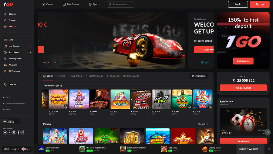 Página de inicio de escritorio de 1GO Casino