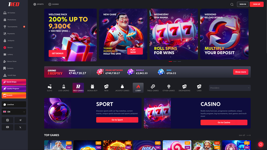 1red Casino Desktop Homepage