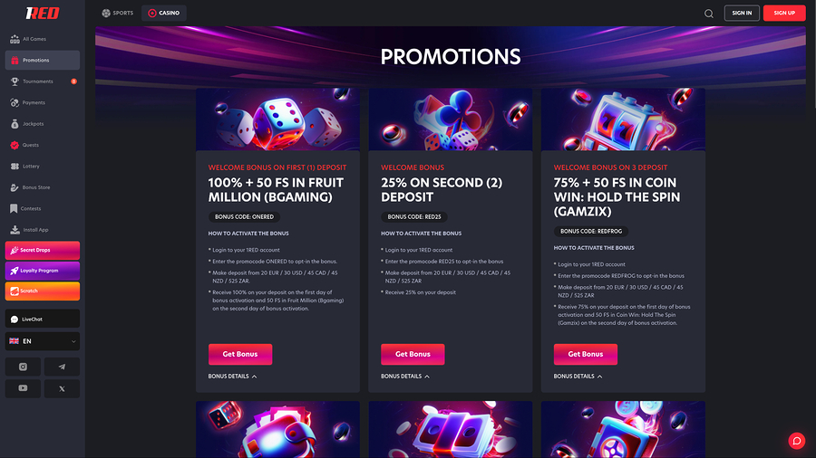 1red Casino Desktop Promotions