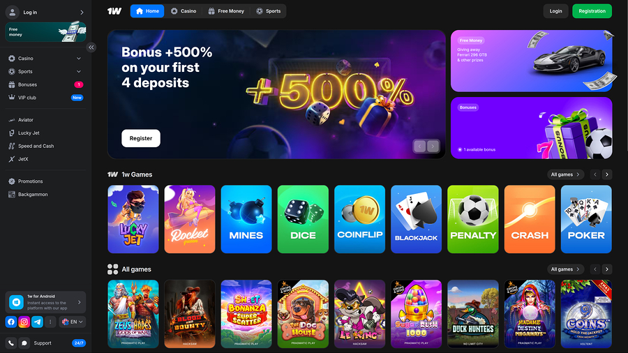 1win Casino Desktop Homepage