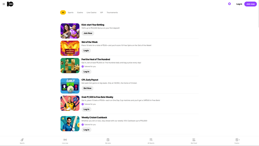 10cric Casino Desktop Promotions