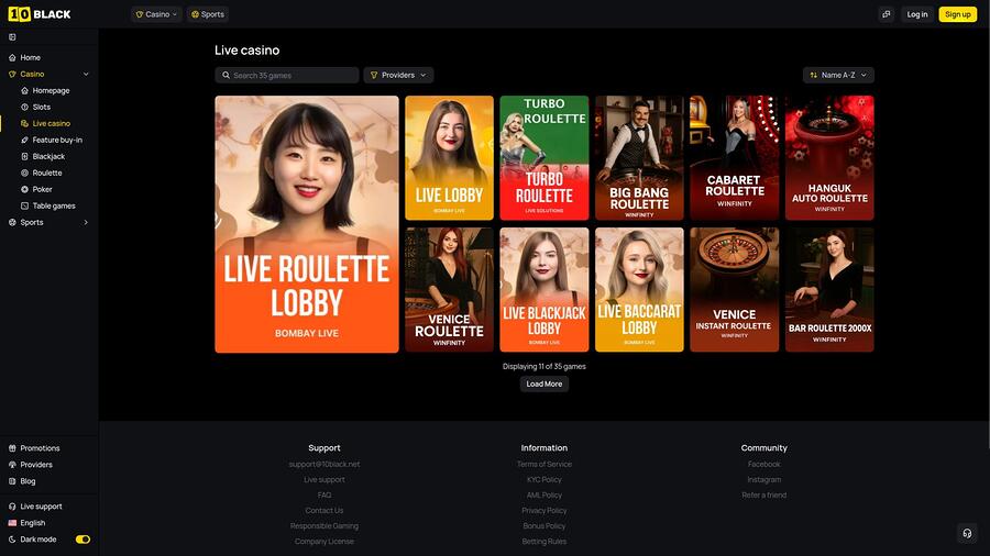 10Black Casino live dealer page