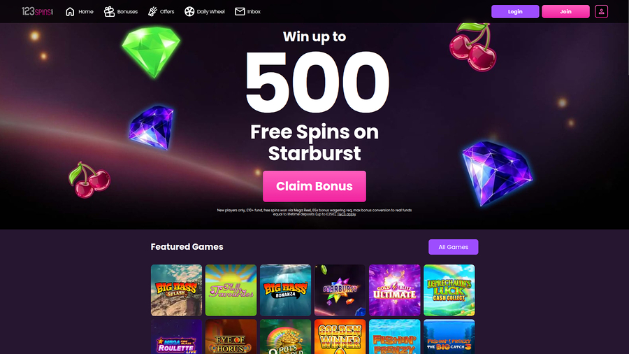 123Spins Casino Desktop Homepage