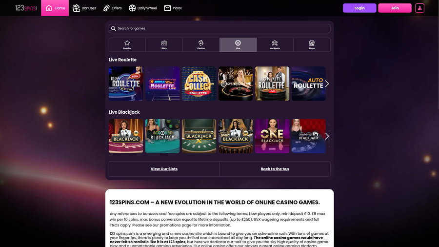 123Spins Casino Desktop Live Dealer