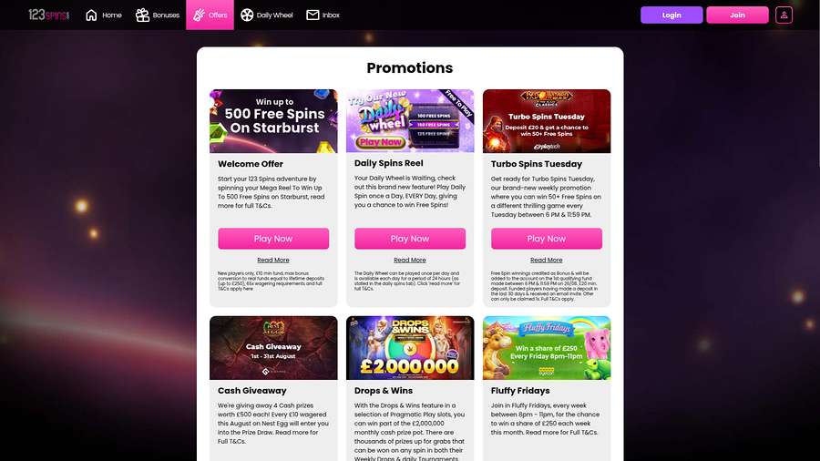 123Spins Casino Desktop Promotions