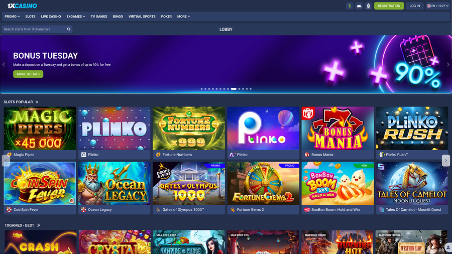 1xCasino Desktop Homepage