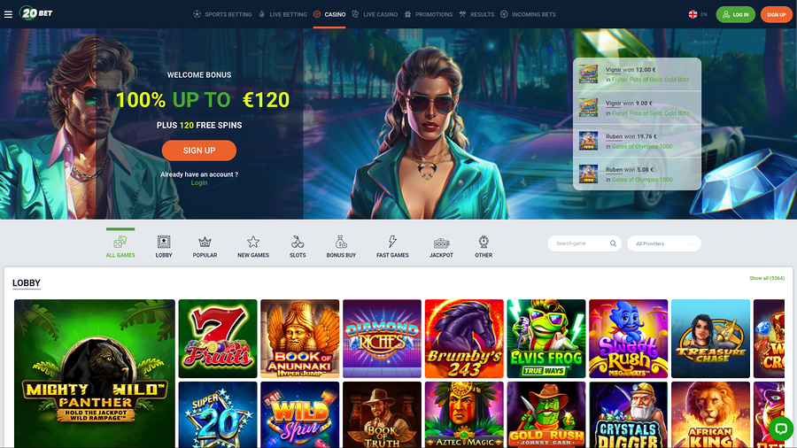 20Bet Casino Desktop Homepage