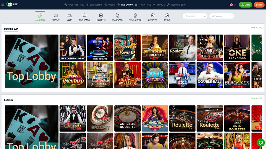 20Bet Casino Desktop Live Dealer