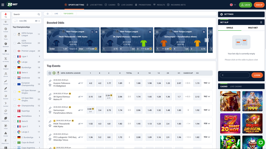 20Bet Casino Desktop Sports