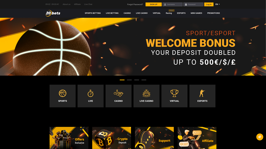 20Bets Casino Desktop Homepage