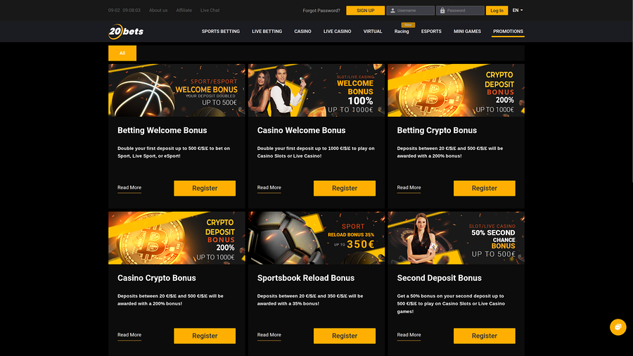 20Bets Casino Desktop Promotions