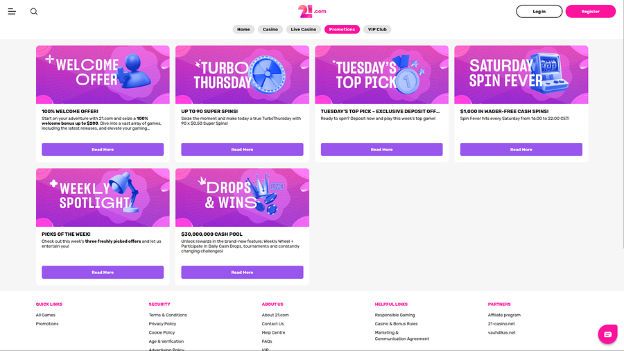 21.com Casino Desktop Promotions