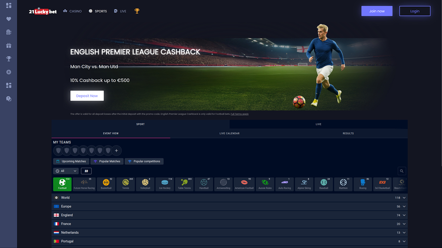 21LuckyBet Casino Desktop Sports