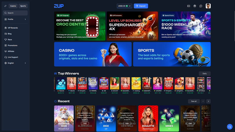 Página de inicio de escritorio de 2up Casino