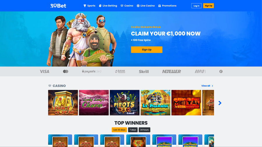 30Bet Casino Desktop Homepage