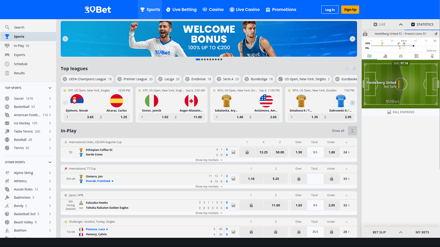 30Bet Casino Desktop Sports