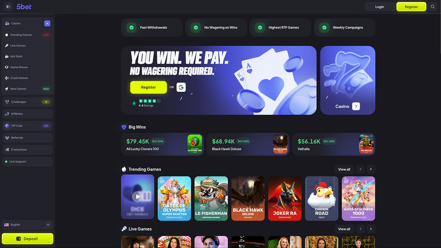 Página de inicio de escritorio del casino 5bet