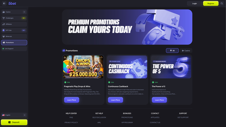 Promociones de 5bet Casino para ordenador
