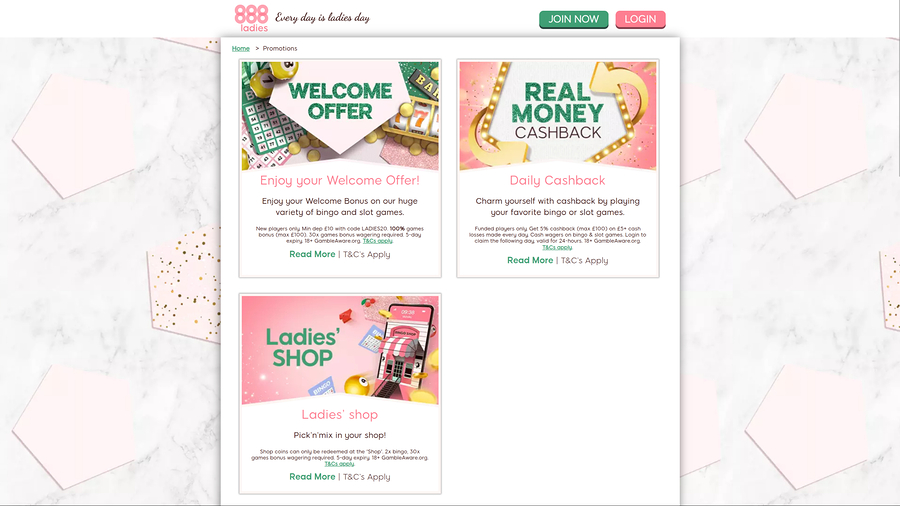 888 Ladies Casino Desktop Promotions