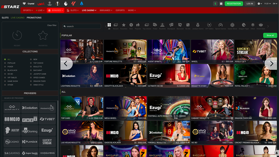 Casino 888STARZ para escritorio con crupier en vivo
