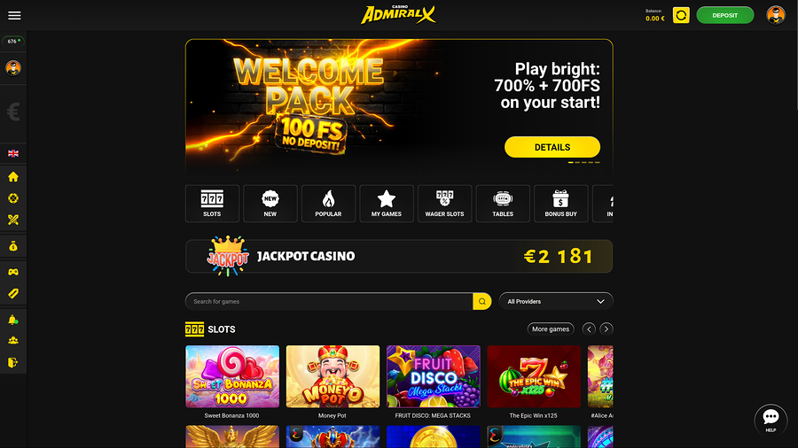 Admiral X Casino Homepage Desktop