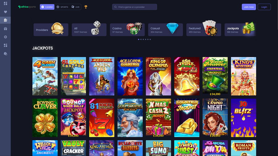 AfricaSports Casino Desktop Jackpot