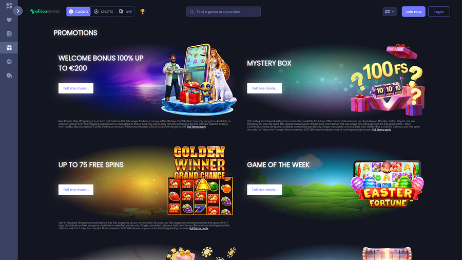 AfricaSports Casino Desktop Promotions