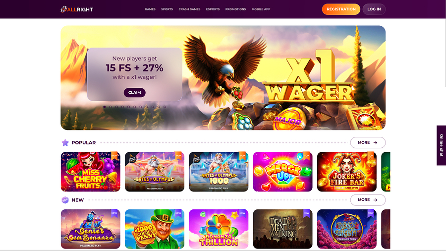 All Right Casino Desktop Homepage
