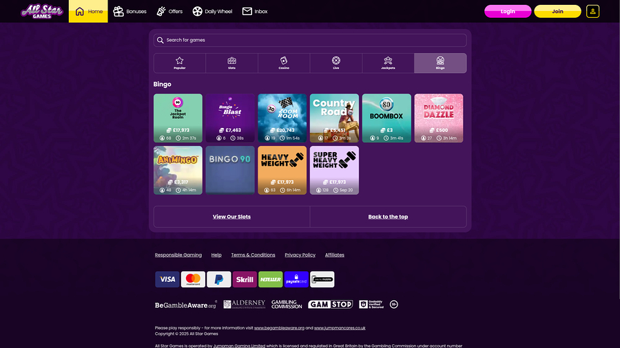 All Star Games Casino Desktop Bingo