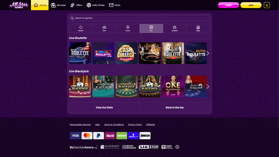 All Star Games Casino Desktop Live Dealer