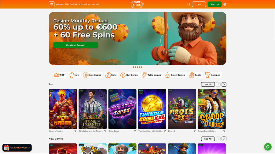 AllSpins Casino Desktop Homepage