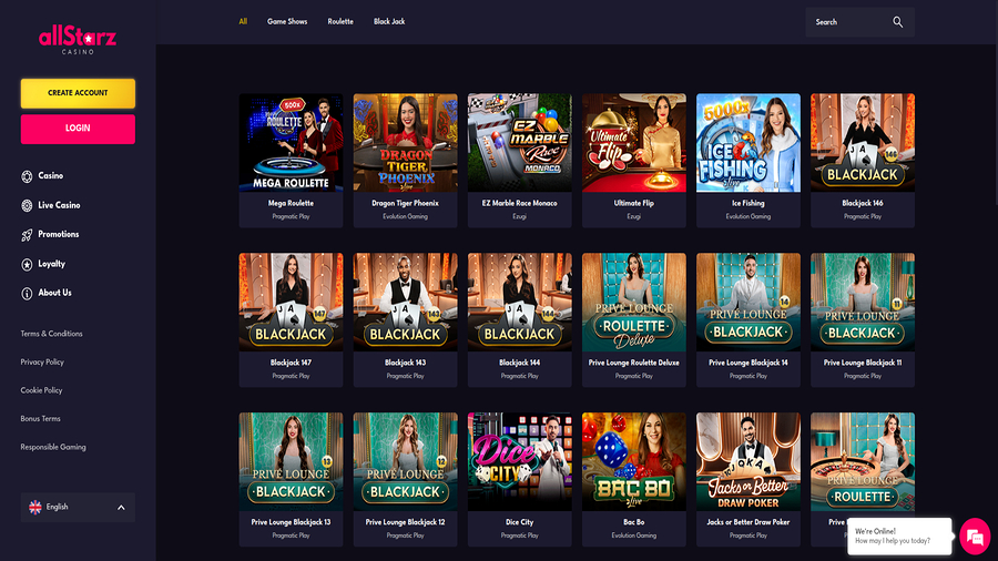 AllStarz Casino Desktop Live Dealers