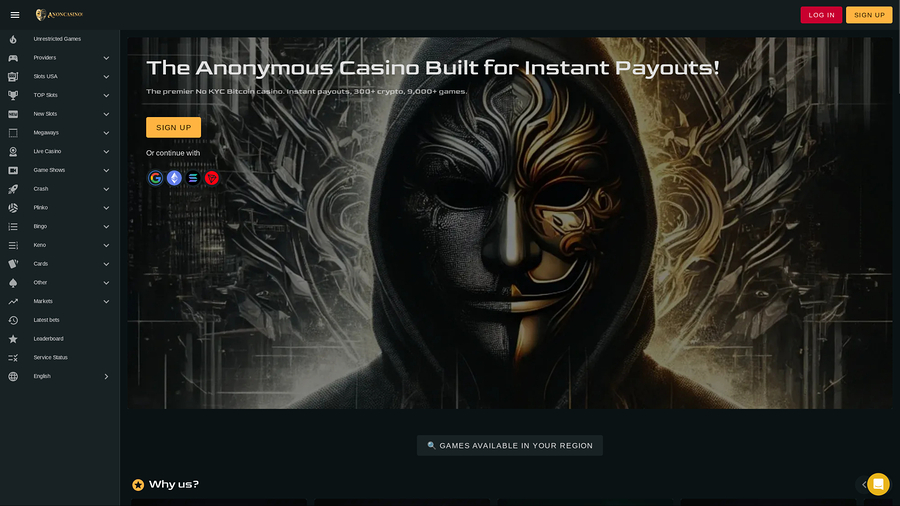 anon Casino Desktop Homepage Image