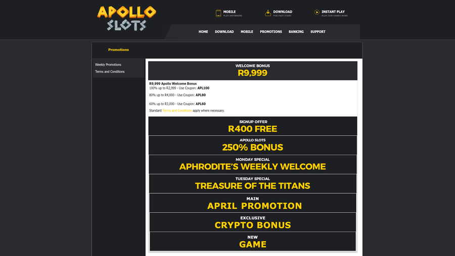 Apollo Slots Desktop Promotions