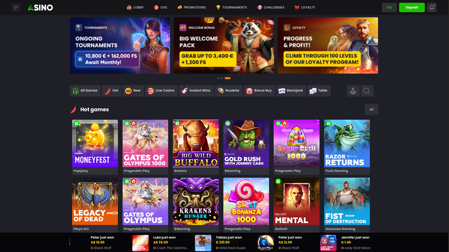 Asino Casino Desktop Homepage