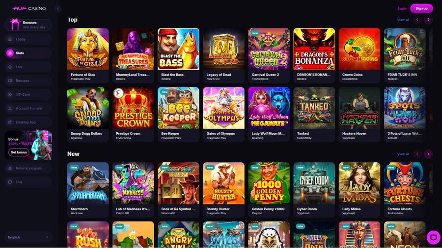 Games page screenshot of Auf Casino