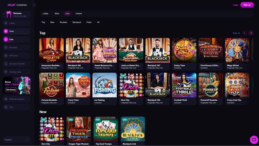 Live page screenshot of Auf Casino