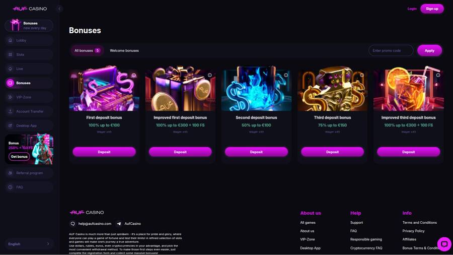 Promotions page screenshot of Auf Casino