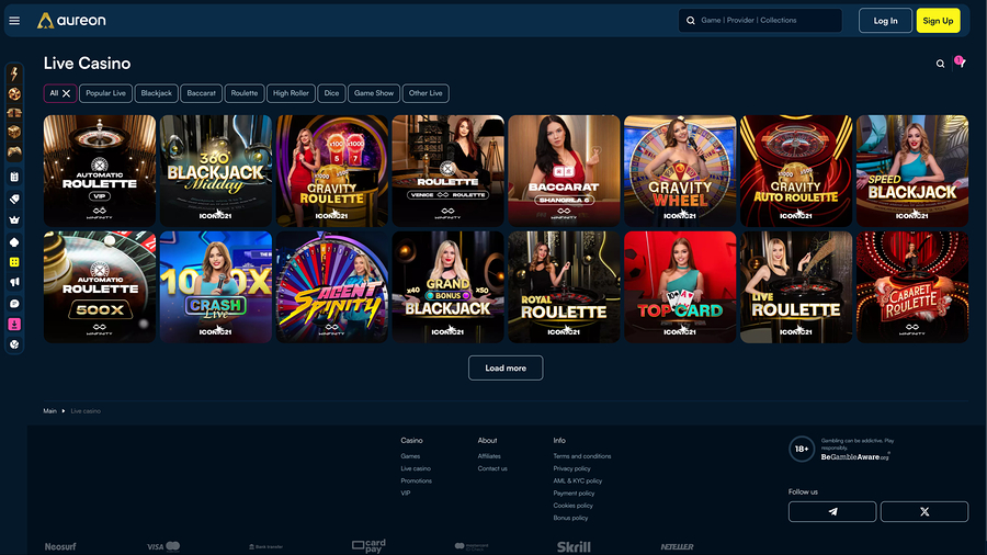 Casino Aureonplay para escritorio con crupier en vivo