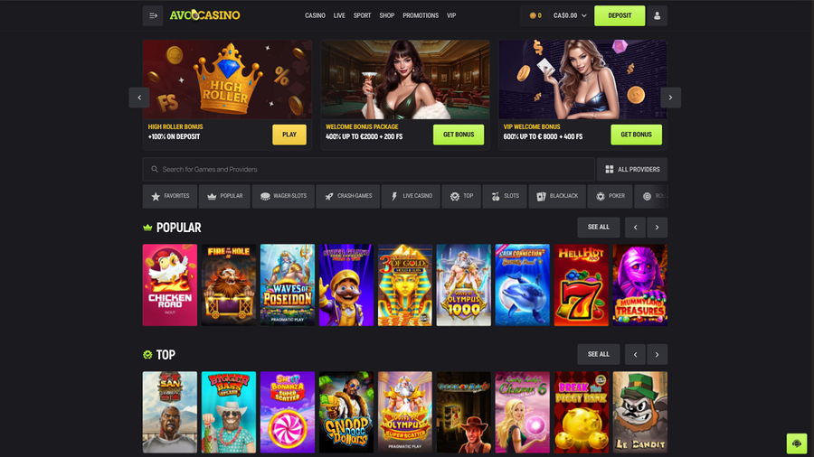 Avocasino Desktop Homepage