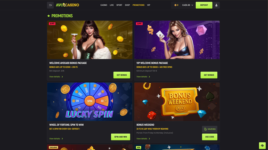 Avocasino Desktop Promotions